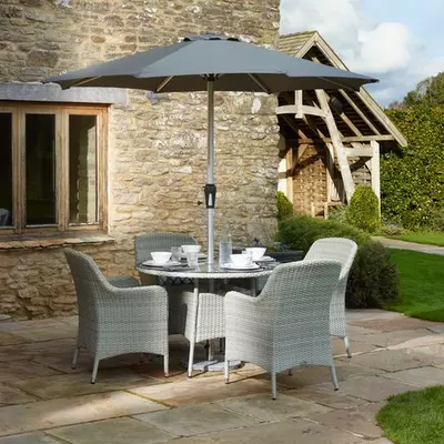 Bramblecrest Tetbury 110cm Tree-Free Round Table with 4 Armchairs,Eco, Parasol & Base - Cloud