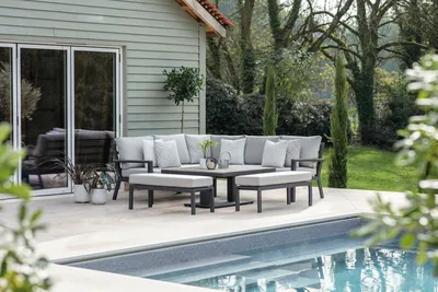 Bramblecrest Zurich Florence Sofa with Square Tree-Free Adjustable Piston Casual Dining Table & 2 Be